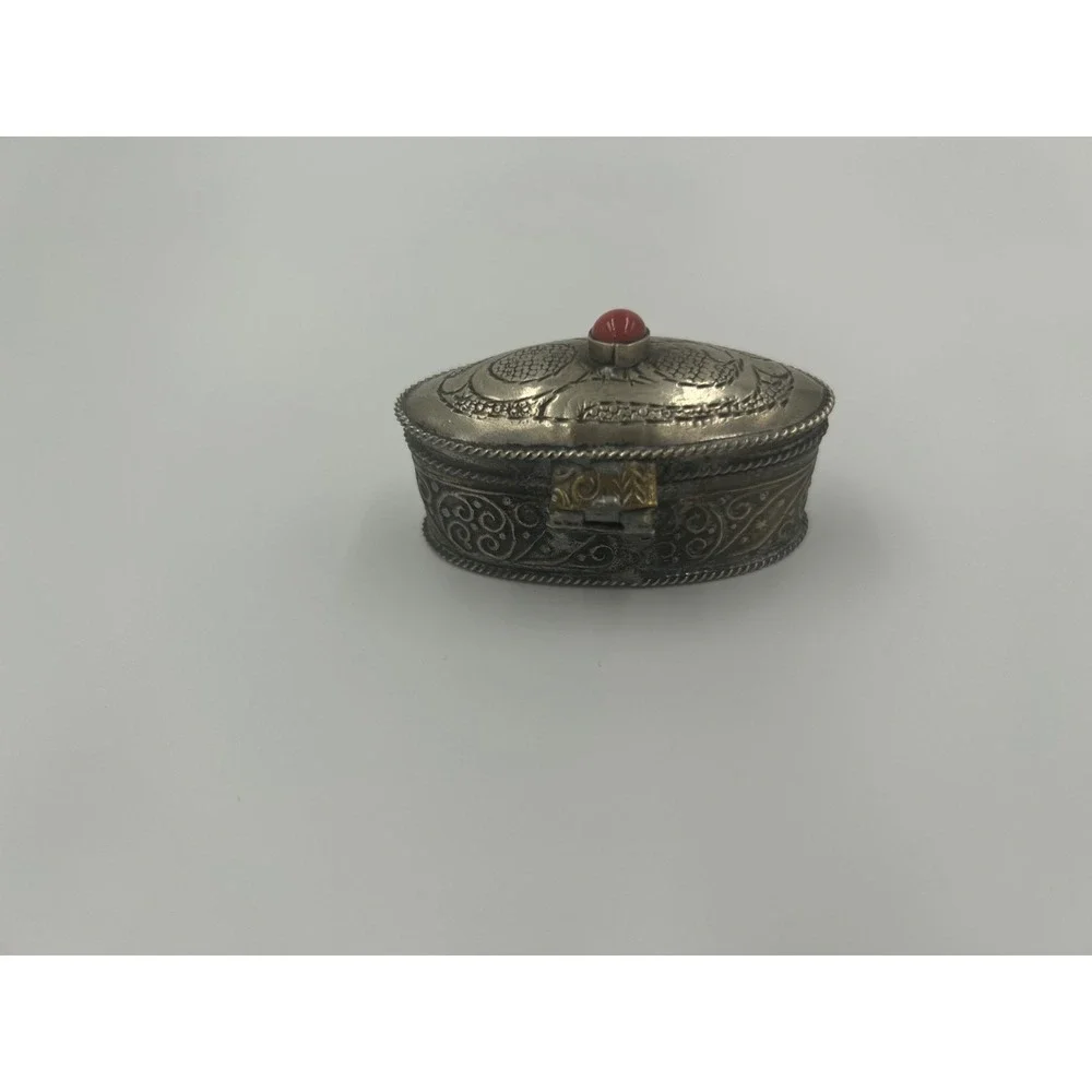Vintage Berber Metal Pill Box Ornate Coral Genstome Snuff Box